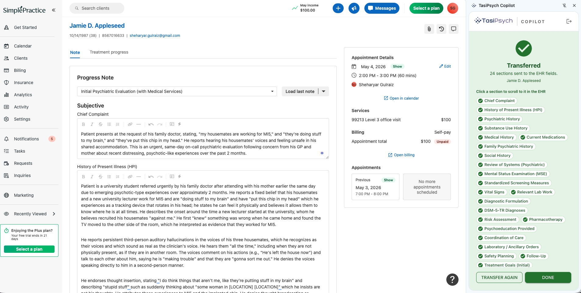 Successful transfer of a finalized note into a web-based EHR with green confirmations per section