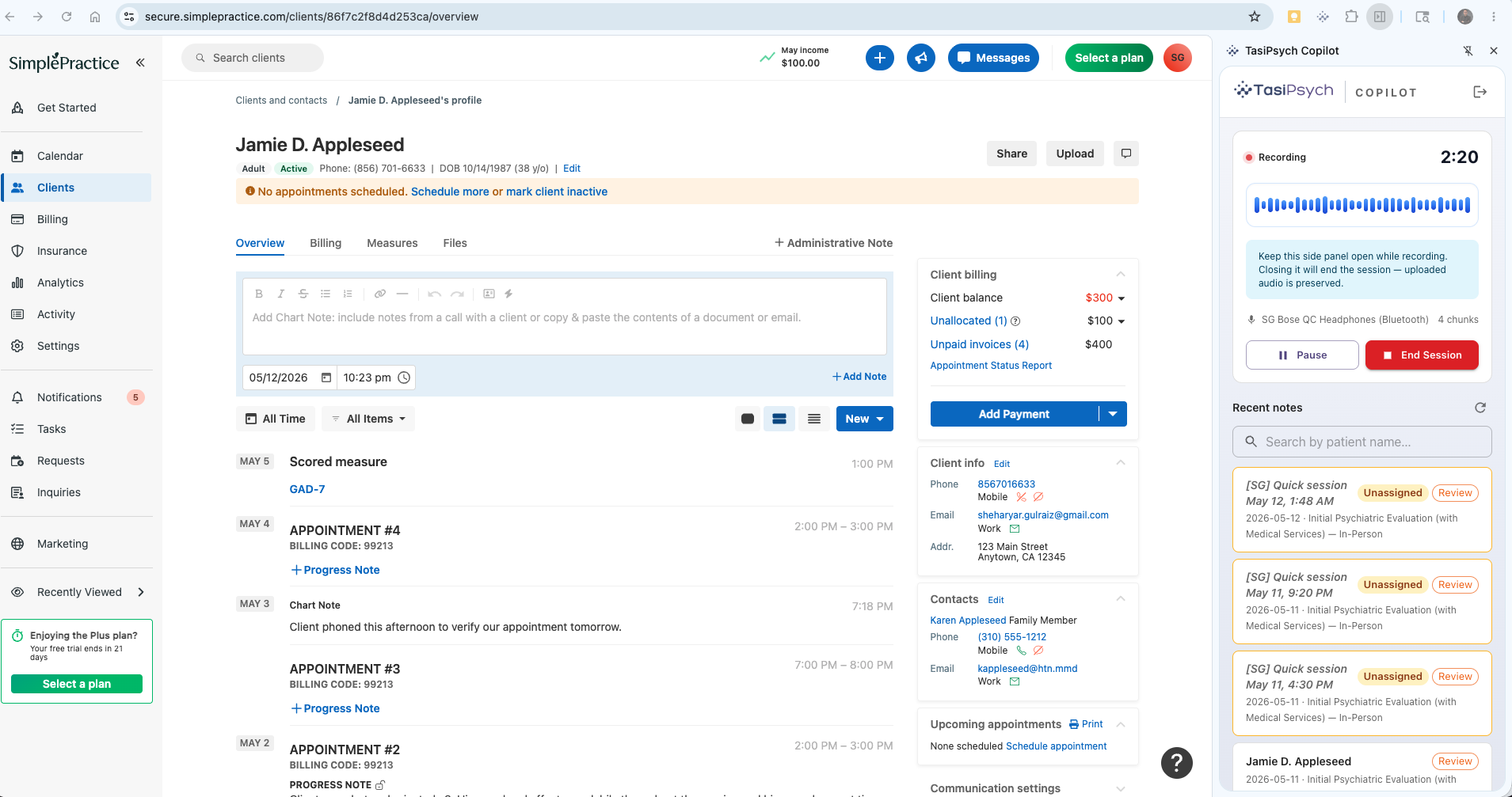 TasiPsych Copilot side panel with the Start Session button highlighted alongside a list of recent notes