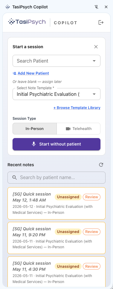 TasiPsych Copilot encounter setup with patient selection in the side panel