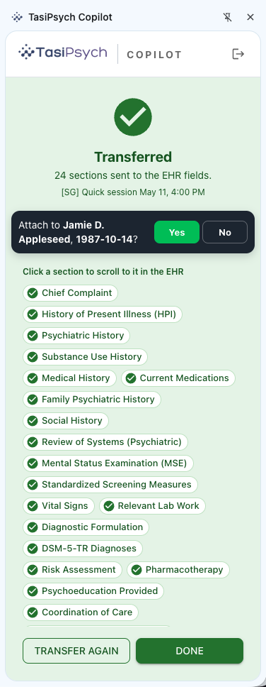 TasiPsych Copilot ready to start a quick session without picking a patient