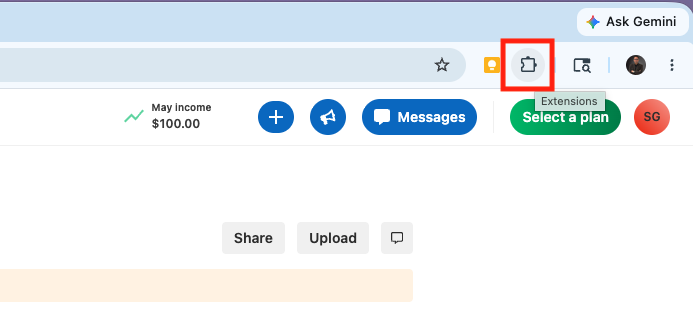 Chrome extensions menu opened from the puzzle icon in the browser toolbar