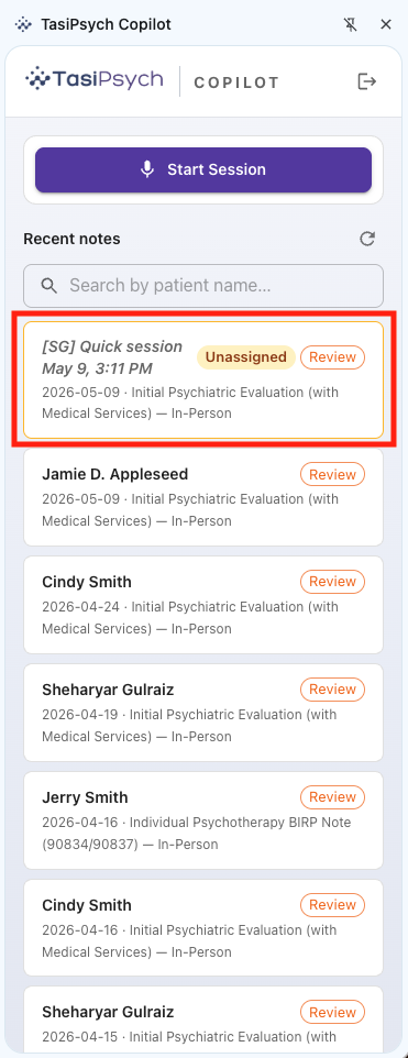 Finalized note with Review status in the TasiPsych Copilot
