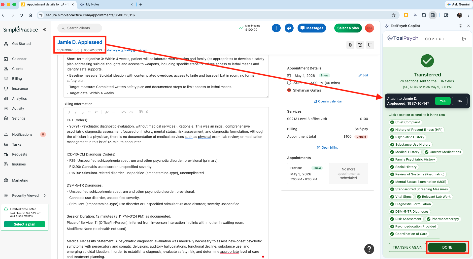 Successful transfer confirmation with patient-assignment suggestion in TasiPsych Copilot
