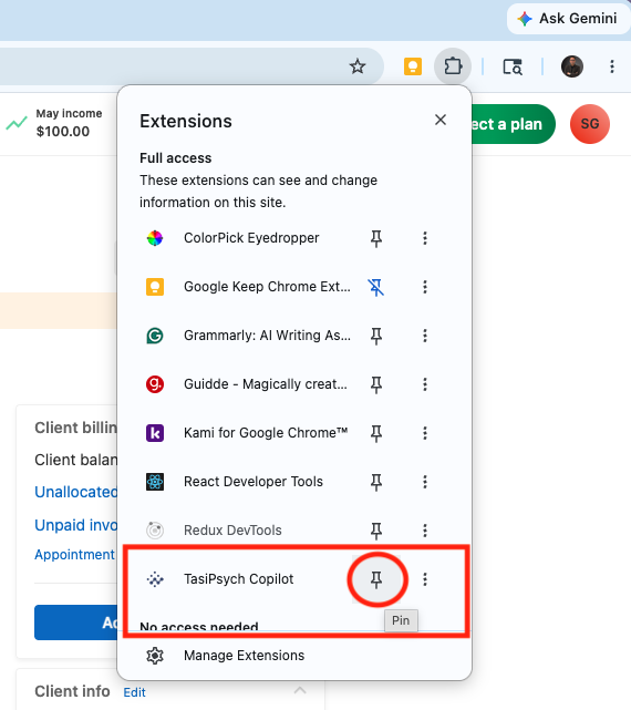 Pin icon next to the TasiPsych Copilot extension in the Chrome menu