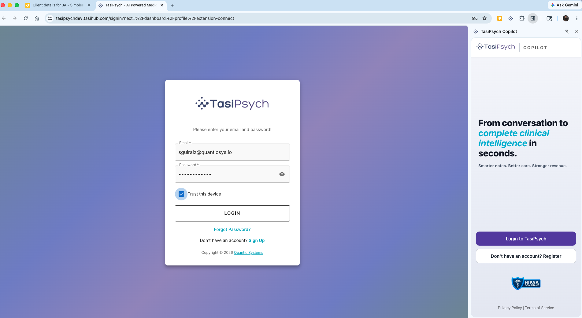 TasiPsych sign-in page opened in a new browser tab