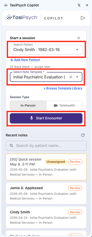 Start Encounter screen with patient and template selection in TasiPsych Copilot