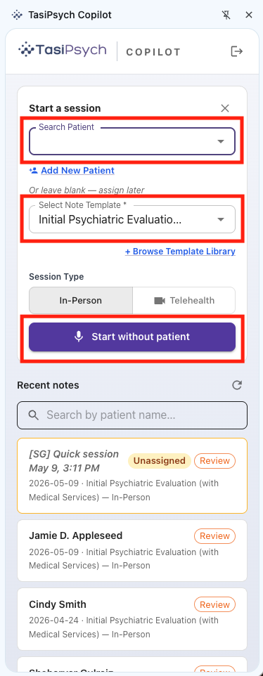 Quick session start in TasiPsych Copilot without selecting a patient
