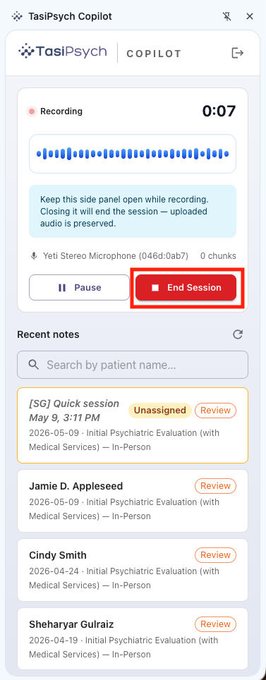 End Session button in the TasiPsych Copilot side panel