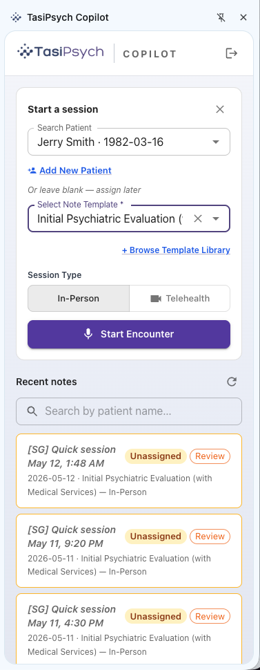 TasiPsych Copilot encounter setup