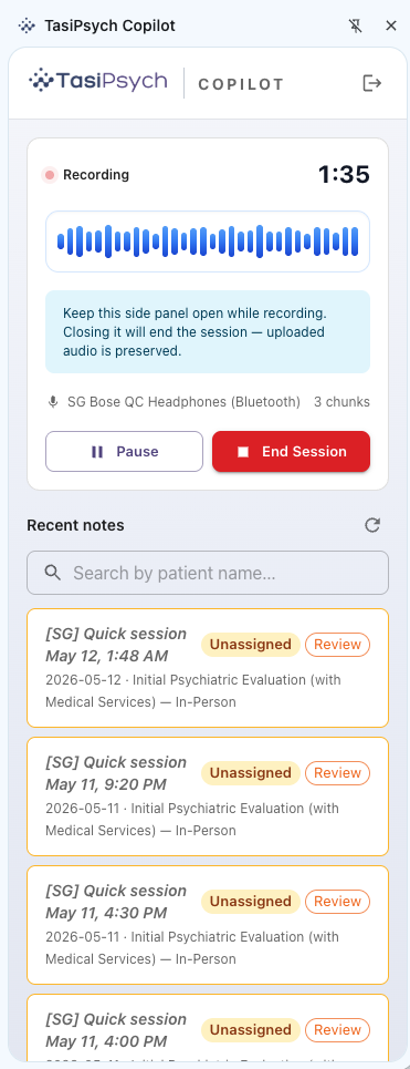 TasiPsych Copilot active recording