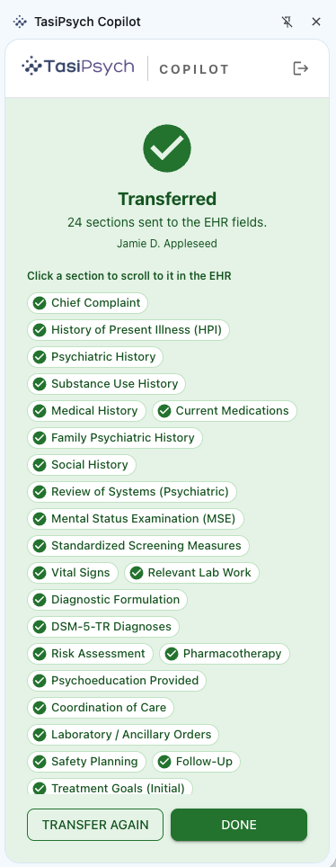 TasiPsych Copilot one-click EHR transfer