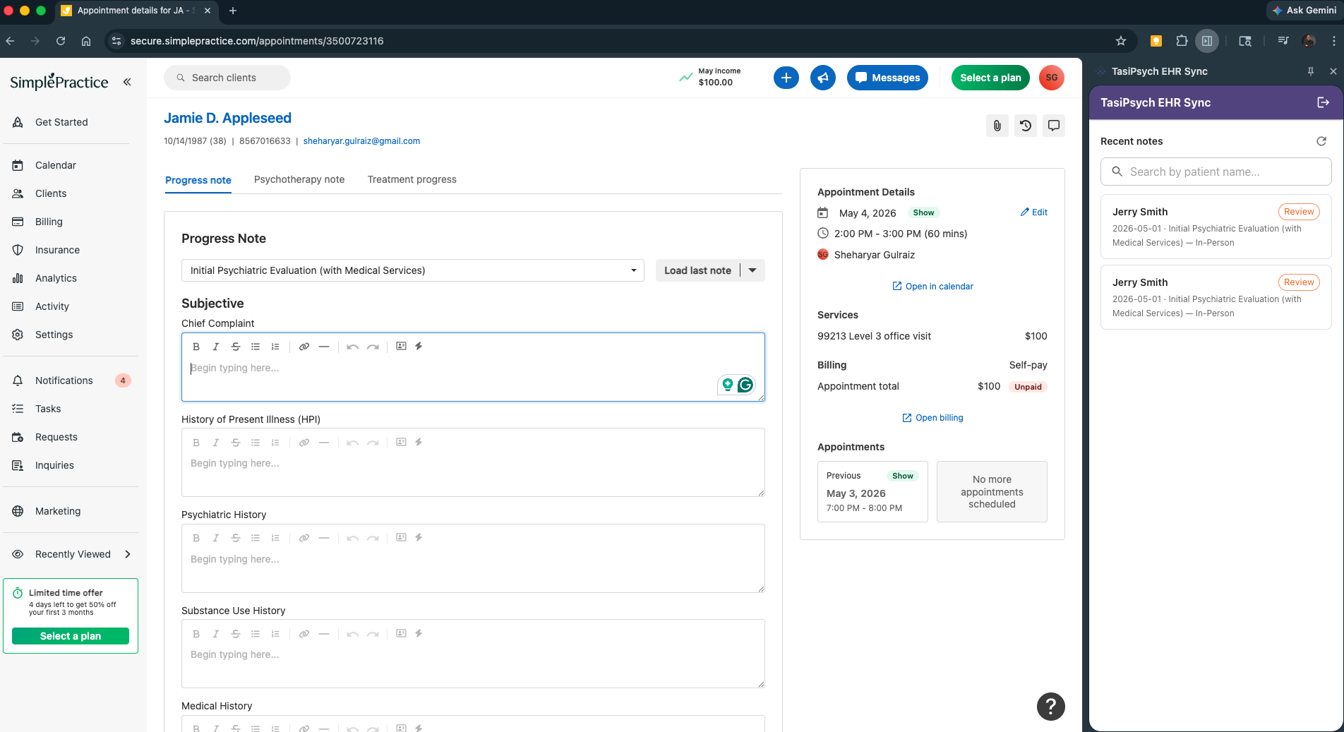 TasiPsych EHR Sync Extension side panel showing finalized note ready to transfer into a web-based EHR